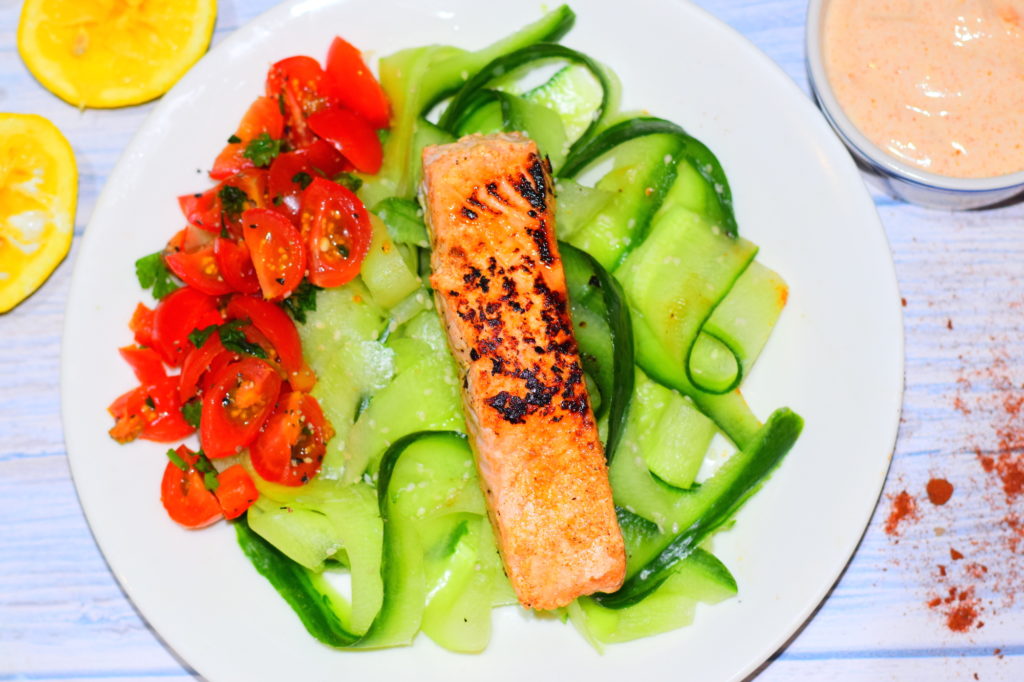 A healthy and delicious salmon and cucumber salad recipe that's ready in under 20 minutes from MyNutriCounter