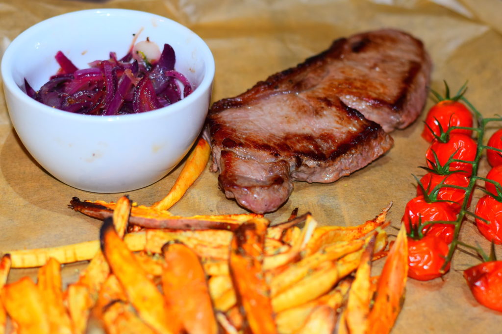 Healthy steak, parsnip and sweet potato fries recipe from MyNutriCounter